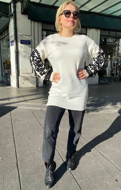 PULL ROBE MAILLE BRODÉE BLANC 45818A