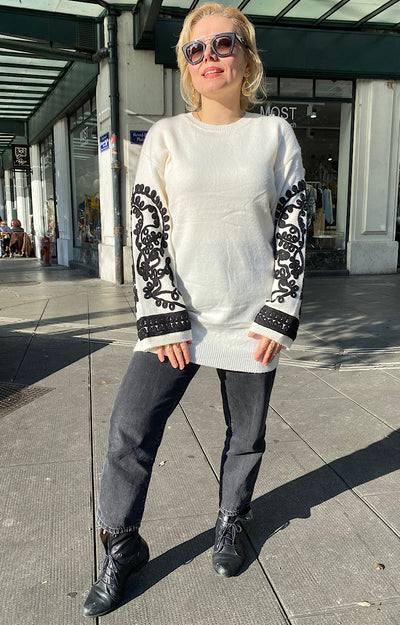 PULL ROBE MAILLE BRODÉE BLANC 45818A